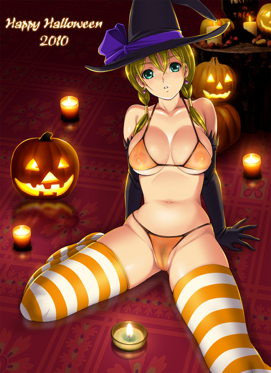 bikini black_gloves blonde breasts cameltoe candle cape earrings elbow_gloves fire gloves green_eyes halloween jack-o'-lantern large_breasts mizugi nipples oppai pubic_hair pumpkin sitting striped_thighhighs thighhighs transparent_clothing twin_tails witch_hat