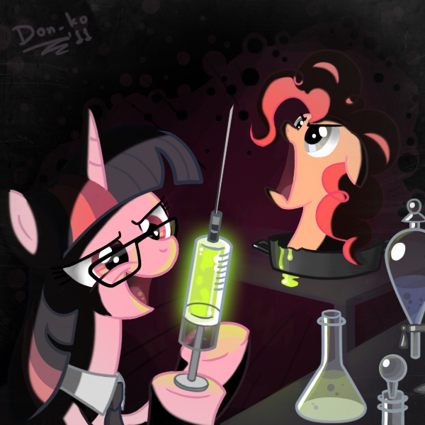 blue_eyes chemistry crossover don_ko don_komandorr equine eyewear female feral for_science! friendship_is_magic glasses glow glowing hair horn horns horse mammal my_little_pony necktie needle parody pink_hair pinkie_pie_(mlp) pinkie_pie_out_of_fucking_nowhere pony purple_eyes science serum severed_head syringe twilight_sparkle_(mlp) two_tone_hair unicorn