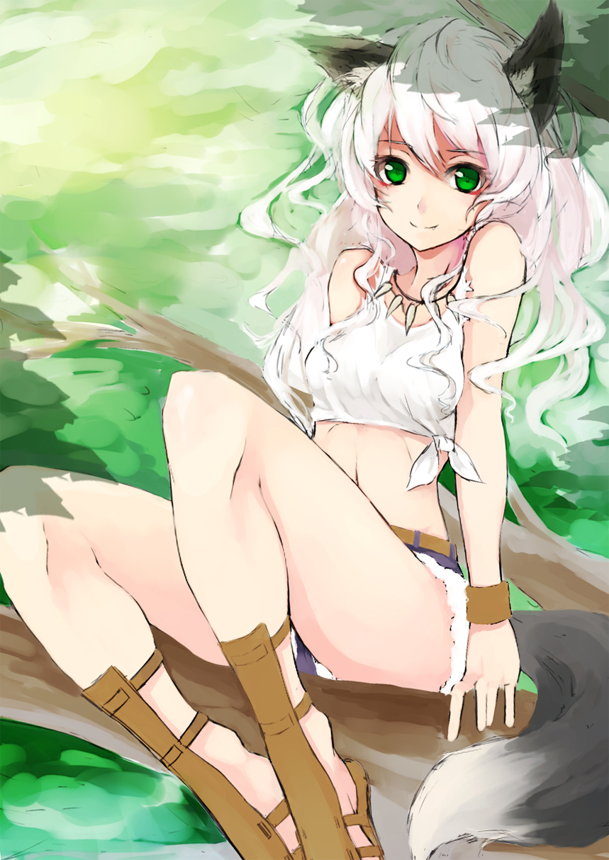 animal_ears crop_top fox_ears fox_tail green_hair highres in_tree jewelry midriff nanahara_fuyuki necklace original sandals shirt shorts silver_hair sitting sitting_in_tree smile solo tail tied_shirt tree wristband