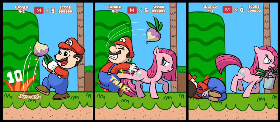 comic crossover cutie_mark equine female feral friendship_is_magic fur horse human humor kick madmax male mammal mario mario_bros mr_turnips_(mlp) my_little_pony nintendo owned pink_fur pinkamena_(mlp) pinkie_pie_(mlp) pinkie_pie_out_of_fucking_nowhere pony turnip video_games