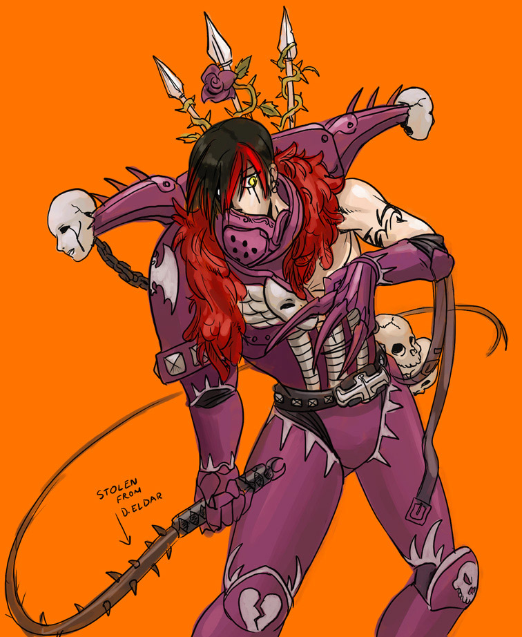 armor belt chaos_(warhammer) chaos_space_marine feather_boa flower makeup male_focus mascara multicolored_hair rose skull solo spikes tattoo two-tone_hair warhammer_40k whip yellow_eyes