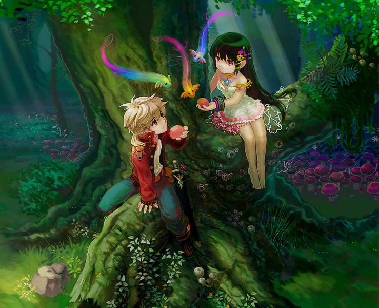 1girl barefoot blonde_hair bracelet child creature dress eel food forest frills fruit green_hair hair_ornament in_tree jewelry long_hair mimi_(ranma3049) nature original pointy_ears scenery sheath sheathed sitting sitting_in_tree sword tree weapon