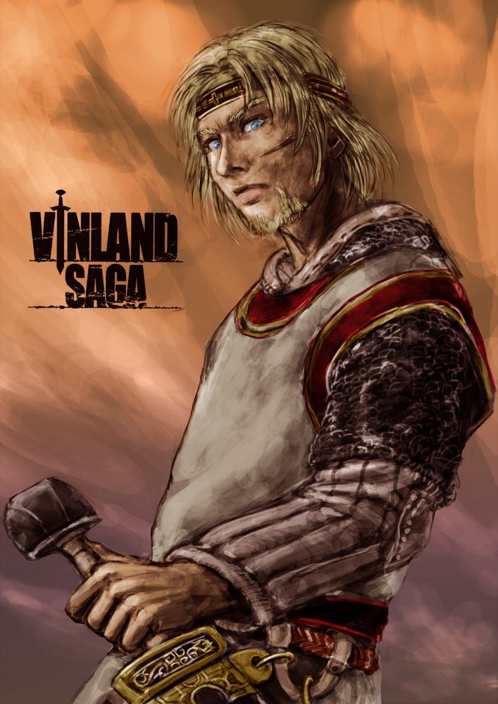armor baryan blonde_hair canute chainmail headband male_focus realistic scar solo sword timeskip vinland_saga weapon