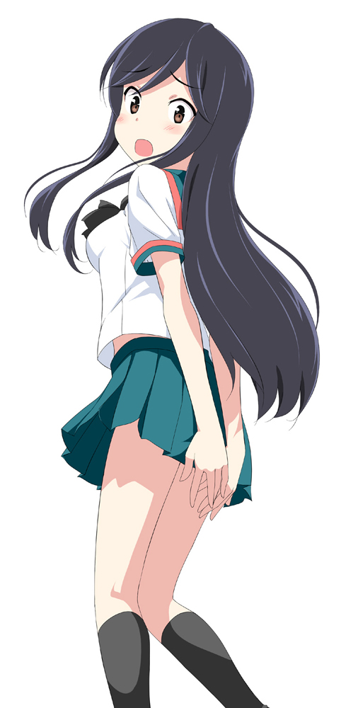 :o a_channel arms_behind_back black_hair black_legwear blush brown_eyes covering covering_ass embarrassed kneehighs long_hair looking_back nishi_yuuko open_mouth pleated_skirt school_uniform serafuku simple_background skirt solo takayaki white_background