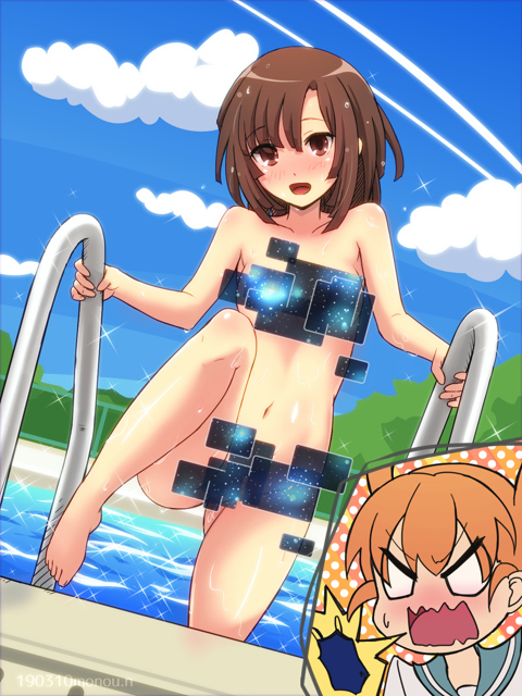 2girls angry blue_sky breasts brown_eyes brown_hair censored cloud cloudy_sky collarbone day dutch_angle eyebrows_visible_through_hair eyes_visible_through_hair gluteal_fold kilt_hide kitanaga looking_at_viewer multiple_girls natsukimonou navel no_pupils nude one-piece_swimsuit orange_hair outdoors polka_dot pool shiny shiny_skin sky small_breasts speech-bubble swimsuit tagme ueno-san_wa_bukiyou ueno_(ueno-san_wa_bukiyou) water watermark