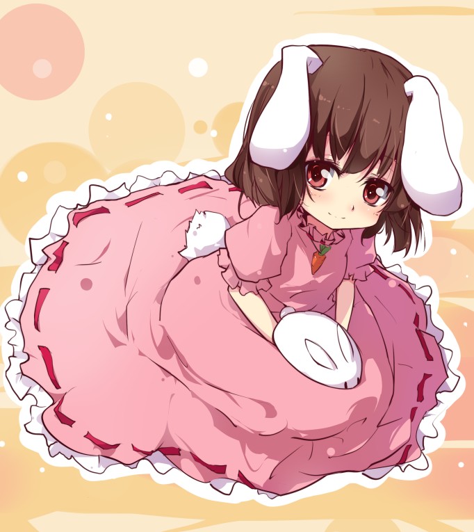 animal_ears bad_id bad_pixiv_id bunny bunny_ears bunny_tail carrot carrot_necklace dress from_above inaba_tewi jewelry light_smile looking_at_viewer necklace pendant pink_dress red_eyes sam_ashton seiza short_hair sitting solo tail touhou