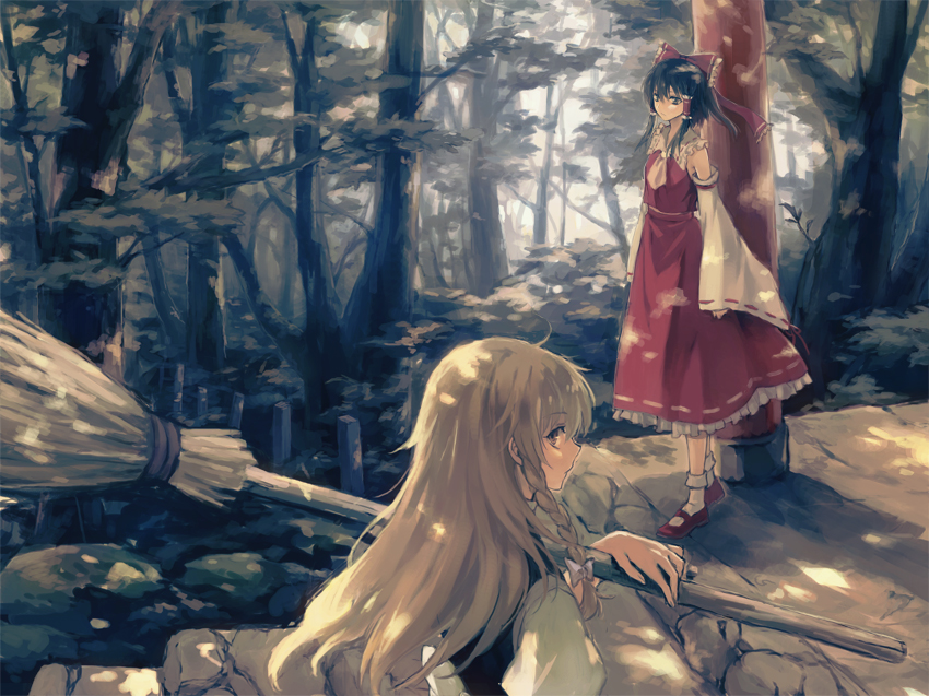 bad_id bad_pixiv_id black_hair blonde_hair bow braid broom brown_eyes brown_hair carrying dappled_sunlight detached_sleeves duplicate forest hair_bow hair_tubes hakurei_reimu kirisame_marisa long_hair long_sleeves mg_(mica) multiple_girls nature no_hat no_headwear over_shoulder profile shade shirt short_hair shoulder_carry single_braid skirt skirt_set stairs sunlight touhou tree tree_shade wide_sleeves