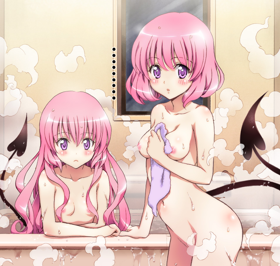 :o alternate_hairstyle arm_support bangs bath bathing bathtub blush body_blush clenched_hand colorized convenient_censoring cowboy_shot crossed_arms demon_tail flat_chest from_side frown groin hair_down holding indoors long_hair looking_at_viewer momo_velia_deviluke multiple_girls nana_asta_deviluke navel nipples nude open_mouth partially_submerged pink_hair purple_eyes shared_bathing short_hair siblings sisters steam steam_censor tail to_love-ru towel twins upper_body water wet wet_hair window yabuki_kentarou yamaiwa_shuuhai
