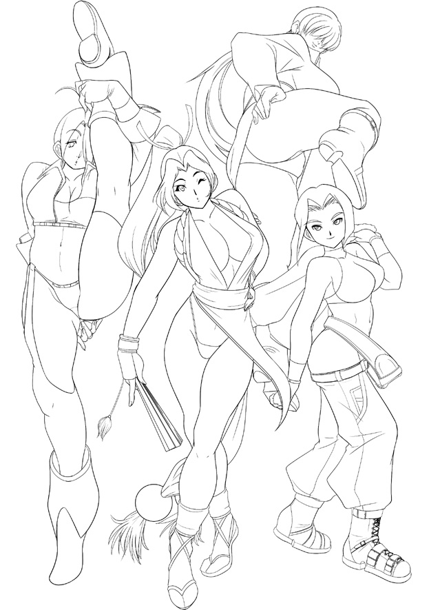 4girls angel_(kof) ass blue_mary boots breasts cleavage flexible g-string hikawadou king_of_fighters large_breasts leg_lift legs long_legs monochrome multiple_girls panties pantyshot sandals shermie shiranui_mai shoes sideboob sketch smile snk split thighs thong underwear upskirt wink