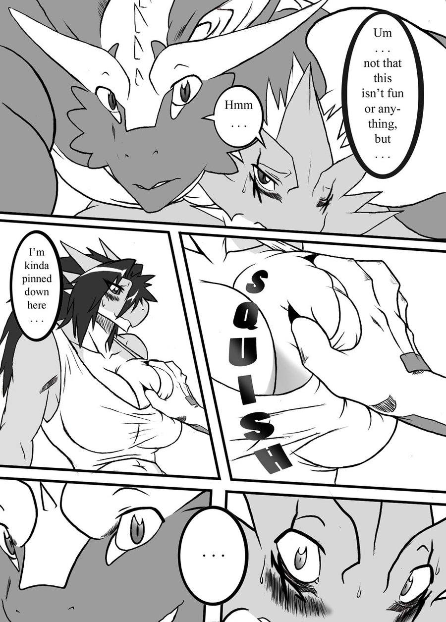 big_breasts breast_grab breasts clothing comic day_with_dna dragon english_text female greyscale hair male monochrome muscles muscular_female ryuakira shirt sitting tail text