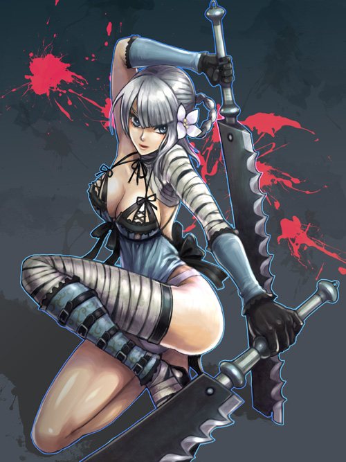 bandages belt bliko blue_eyes bow braid breasts dual_wielding elbow_gloves flower frills gloves hair_ornament high_heels holding kaine_(nier) large_breasts lingerie long_legs negligee nier nier_(series) panties ribbon shoes short_hair silver_hair solo sword thigh_strap thighhighs underwear weapon white_hair white_panties