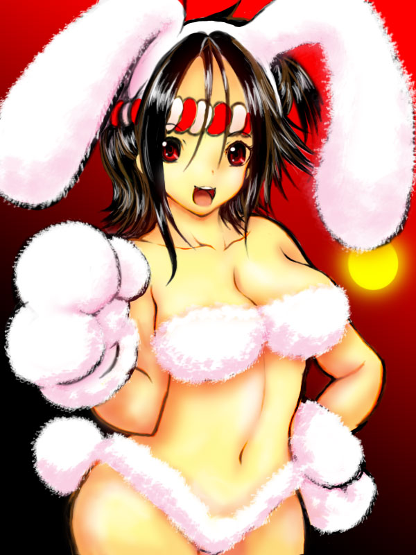 animal_costume animal_ears bikini black_hair bra breasts bunny_costume bunny_ears bunny_outfit bunny_tail female gradient gradient_background hair_intakes large_breasts navel open_mouth original panties paws red_eyes short_hair solo standing swimsuit tail tsukasawa_takamatsu tsukazawa underwear