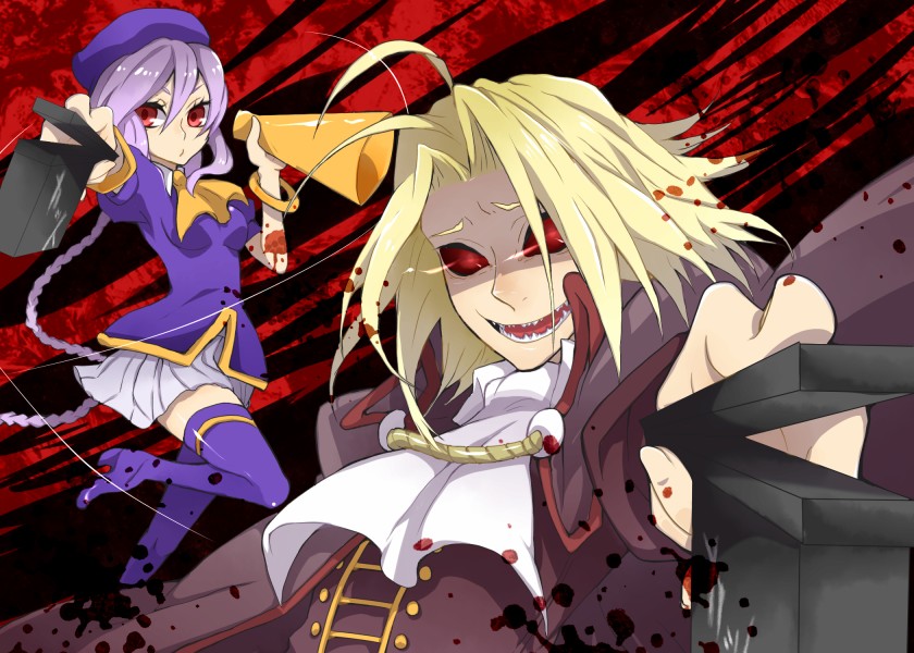 1girl ascot beret blonde_hair braid hat melty_blood nata purple_eyes purple_hair purple_legwear red_eyes single_braid sion_eltnam_atlasia skirt thighhighs tsukihime wallachia