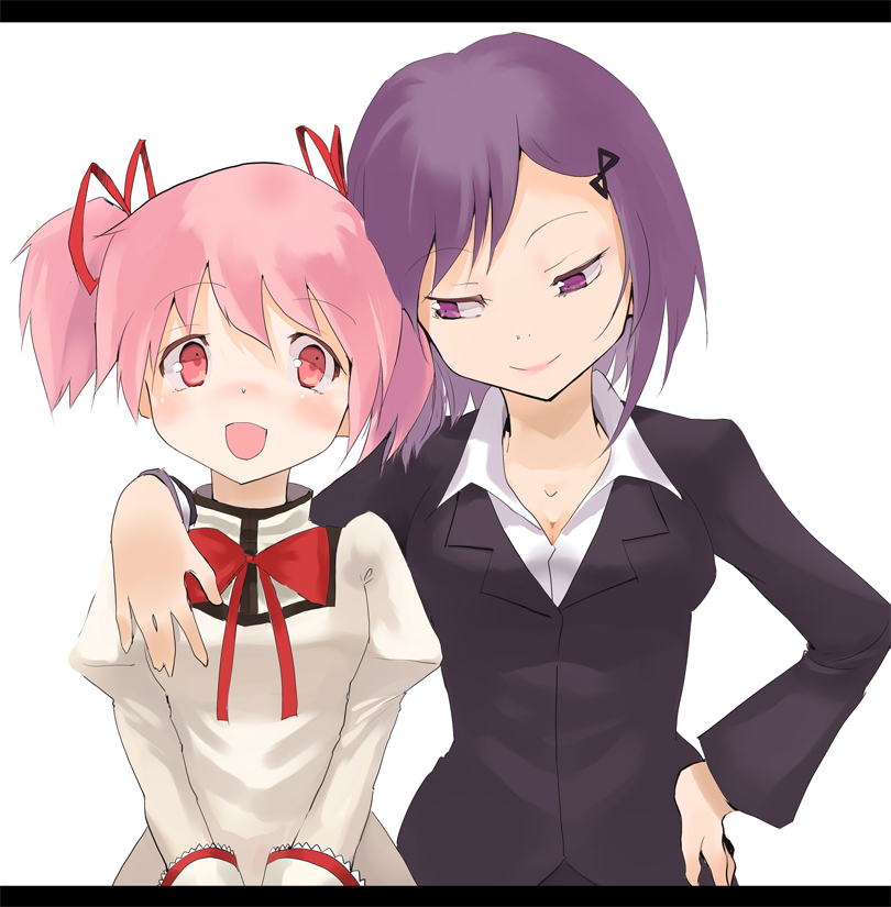 blush bow breasts cleavage hair_bow hair_ribbon hand_on_hip jyon kaname_junko kaname_madoka letterboxed mahou_shoujo_madoka_magica mature medium_breasts mother_and_daughter multiple_girls pink_eyes pink_hair puffy_sleeves purple_hair ribbon school_uniform short_hair short_twintails smile twintails
