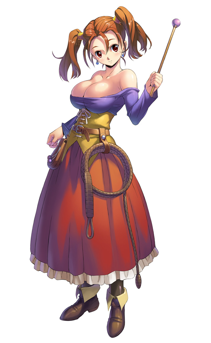 bare_shoulders blush breasts cleavage corset dragon_quest dragon_quest_viii dress earrings jessica_albert jewelry large_breasts purple_shirt red_eyes red_hair shirt simple_background smile solo standing strapless strapless_dress uchiu_kazuma wand whip