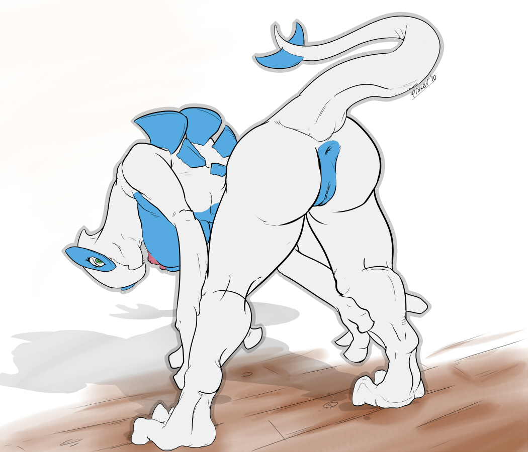 anthro anus bent_over breasts female green_eyes looking_at_viewer lugia nipples pok&eacute;mon pose presenting proxer pussy raised_tail simple_background solo tail