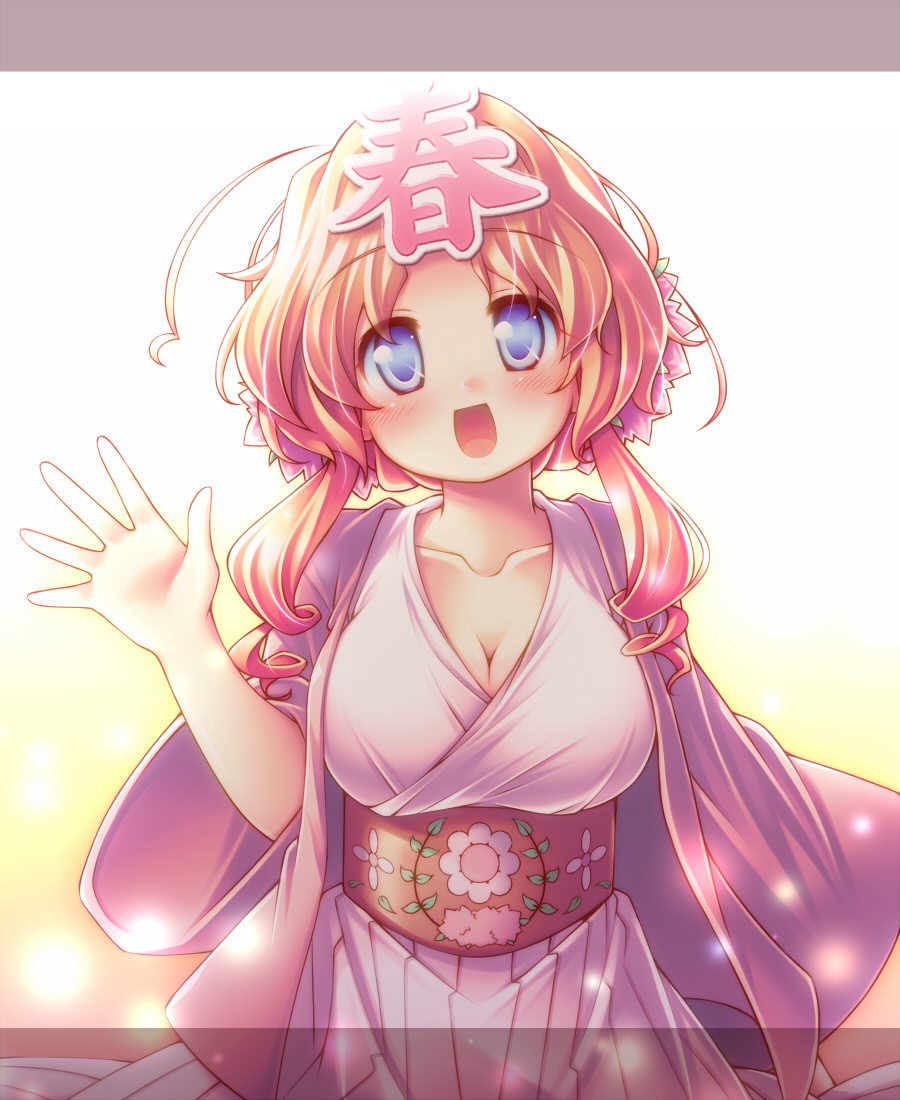 blonde_hair blue_eyes blush breasts cleavage collarbone drill_hair flower hair_flower hair_ornament happy haru-chan japanese_clothes kibushi kimono large_breasts long_hair nippon_housou_kyoukai open_mouth simple_background solo twin_drills twintails waving wavy_hair