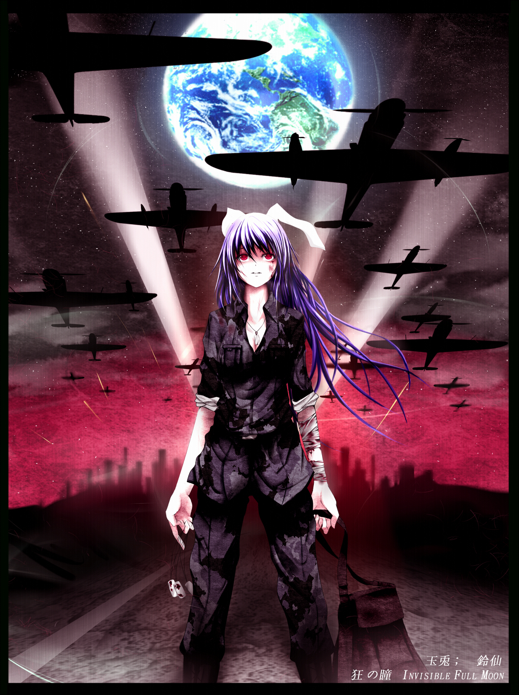 aircraft airplane alternate_costume animal_ears bandages blood bunny_ears contemporary dog_tags earth highres injury maeda_kousuke purple_hair reisen_udongein_inaba sleeves_rolled_up solo touhou windowboxed