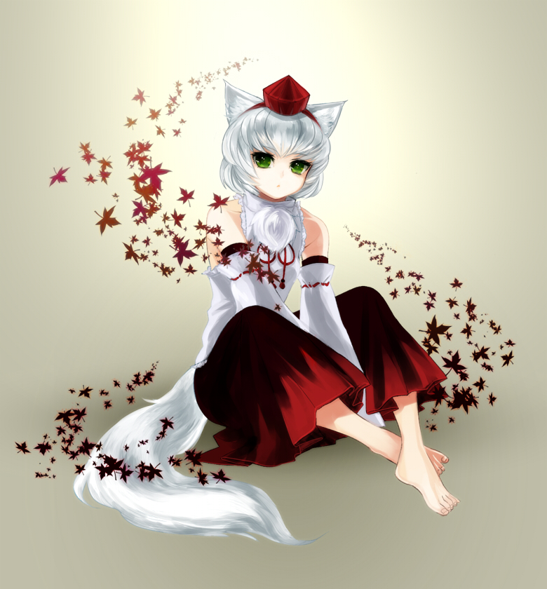 animal_ears bad_id bad_pixiv_id bare_shoulders barefoot detached_sleeves feet green_eyes hat inubashiri_momiji leaf looking_at_viewer pants sitting solo tail tokin_hat touhou v_arms viridiflora wolf_ears wolf_tail