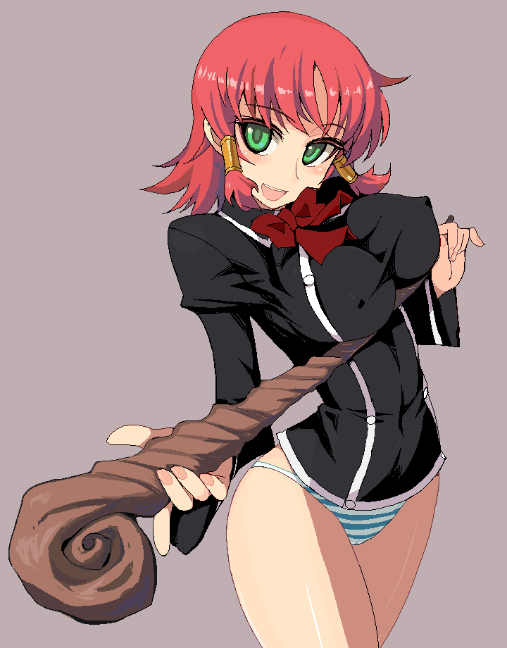 bad_id bad_pixiv_id breasts covered_nipples green_eyes kusanagi_tonbo large_breasts panties quiz_magic_academy red_hair ruquia shirt short_hair slender solo staff striped striped_panties taut_clothes taut_shirt underwear underwear_only