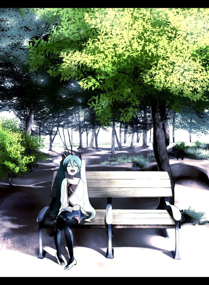 aqua_hair bench book closed_eyes drooling hatsune_miku letterboxed long_hair mozuku_doukoukai open_mouth park park_bench pigeon-toed pleated_skirt saliva shade shadow shirt sitting skirt sleeping sleeping_upright solo striped striped_shirt sunlight thighhighs tree twintails very_long_hair vocaloid