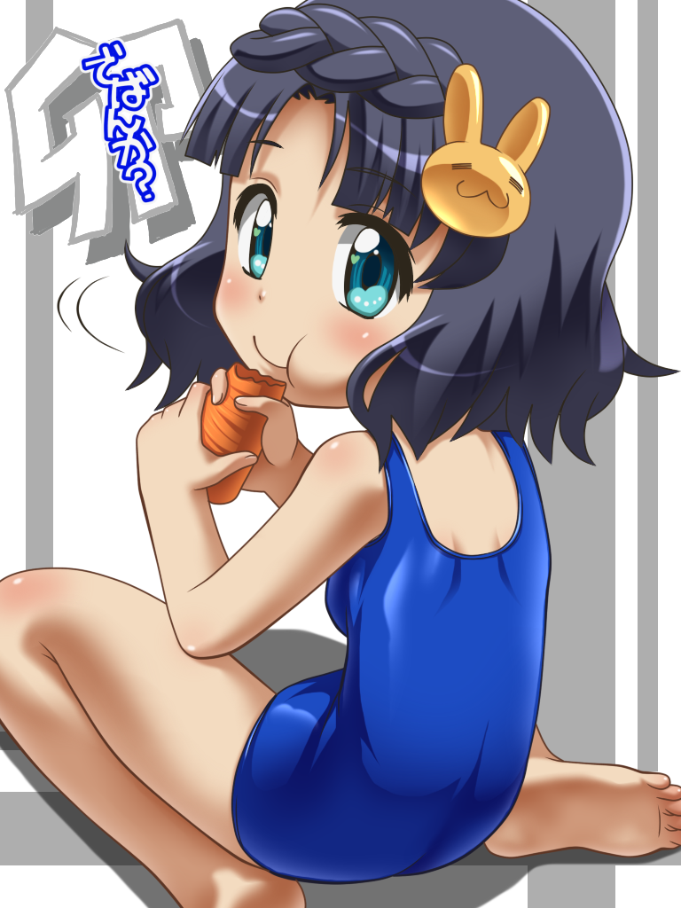 anyamal_tantei_kirumin_zoo awa barefoot blue_eyes blue_hair blush eating feet hair_ornament loli mikogami_rimu school_swimsuit short_hair soles swimsuit teen teenage toes