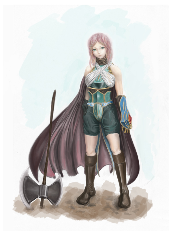 axe bad_id bad_pixiv_id battle_axe boots cape character_request gloves green_eyes occult_soda original pink_hair solo weapon
