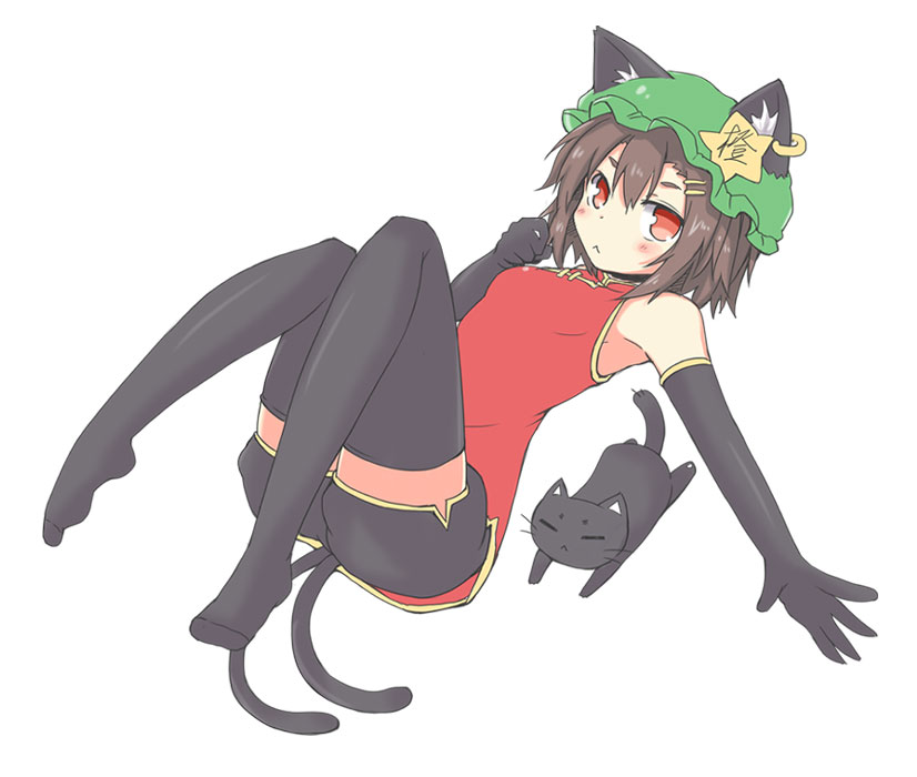 :&lt; adapted_costume animal_ears bare_shoulders black_gloves black_legwear blush brown_hair cat cat_ears cat_tail chen earrings elbow_gloves gloves hat jewelry lockheart multiple_tails red_eyes short_hair simple_background single_earring solo star tail thighhighs touhou zettai_ryouiki