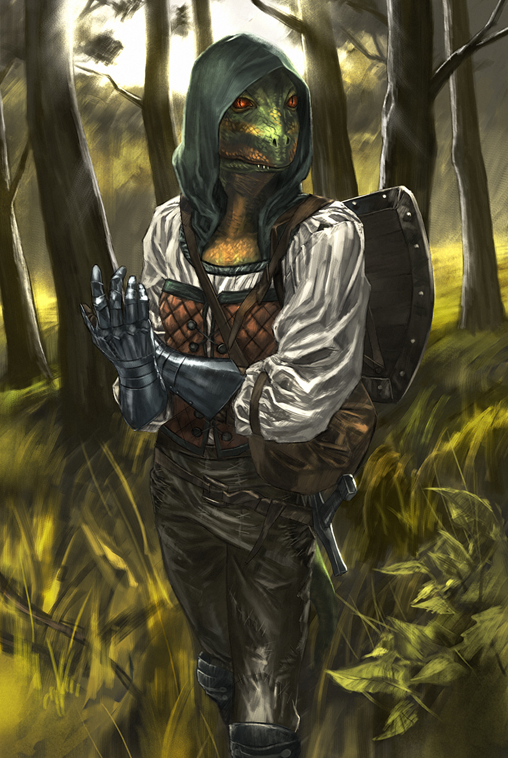 ambiguous_gender armor female forest gauntlet grass hood leaves mad_(artist) nature orange_eyes outside red_eyes scalie scenery shield solo sword the_elder_scrolls the_elder_scrolls_iv:_oblivion tree video_games weapon wood