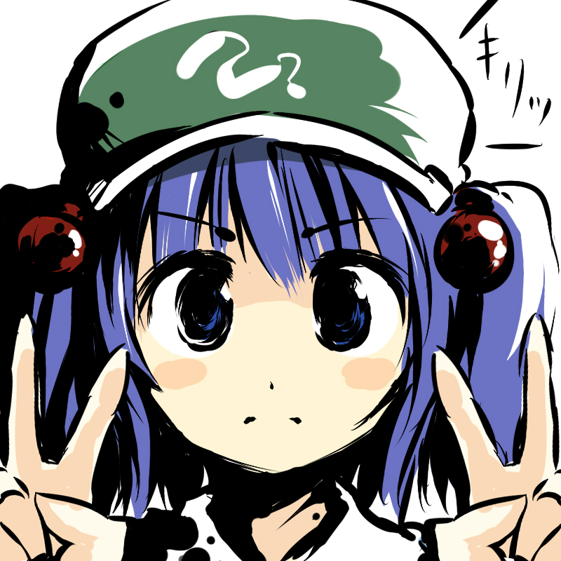 blue_eyes blue_hair blush double_v face hair_bobbles hair_ornament hat kawashiro_nitori short_hair solo touhou two_side_up v yudepii