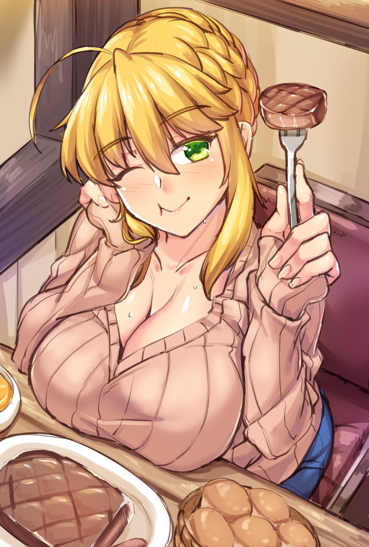 :t ahoge artoria_pendragon_(all) artoria_pendragon_(lancer) bangs bread breasts brown_sweater closed_mouth collarbone commentary_request eating fate/grand_order fate_(series) fingernails food fork from_above hair_between_eyes hands_up head_tilt highres holding holding_fork large_breasts lips long_hair long_sleeves looking_at_viewer meat one_eye_closed plate ribbed_sweater shirokuma_a sitting sketch smile solo sweat sweater
