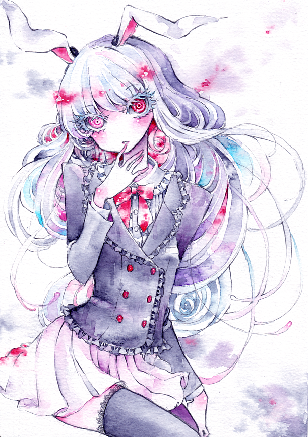 animal_ears bow bunny_ears eyelashes flower hand_to_own_mouth long_hair long_sleeves miri_(tobira_no_mukou) no_nose red_eyes reisen_udongein_inaba ringed_eyes rose skirt solo thighhighs touhou traditional_media watercolor_(medium) white_flower white_hair white_rose