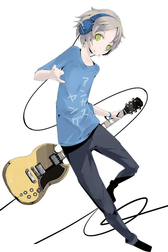 bracelet brown_hair cable clothes_writing green_eyes guitar headphones holding instrument jewelry looking_at_viewer male_focus original pants rca shirt short_sleeves simple_background solo standing t-shirt white_background