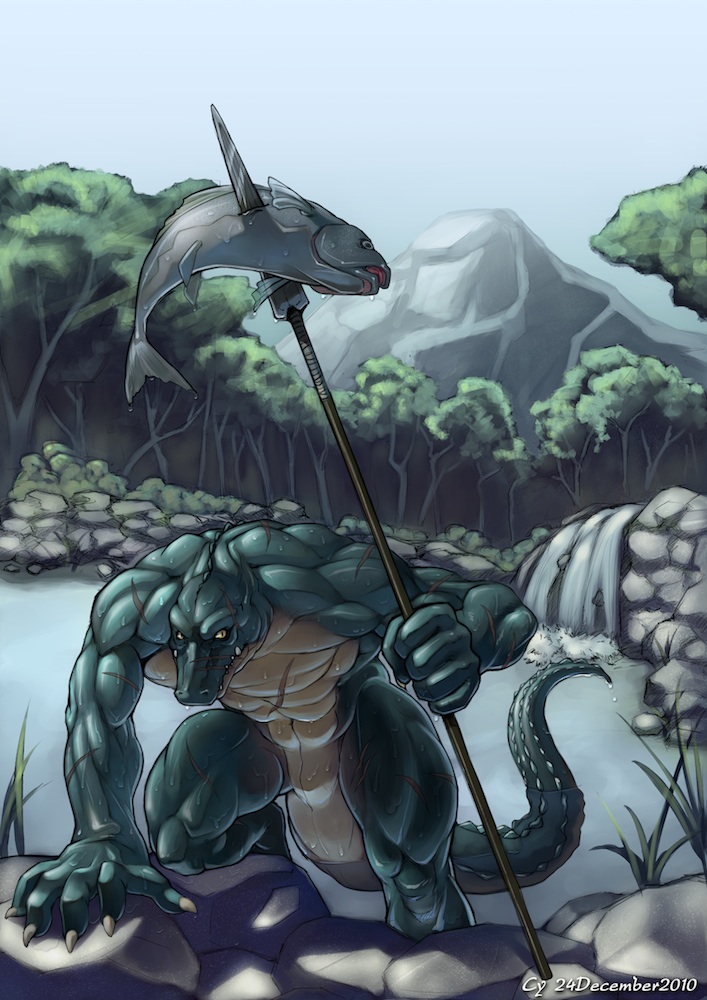 crocodile feral fish hunting impaled impalement looking_at_viewer male marine markings mercyguy muscles nature nude polearm reptile rocks scalie scar spear water waterfall wet