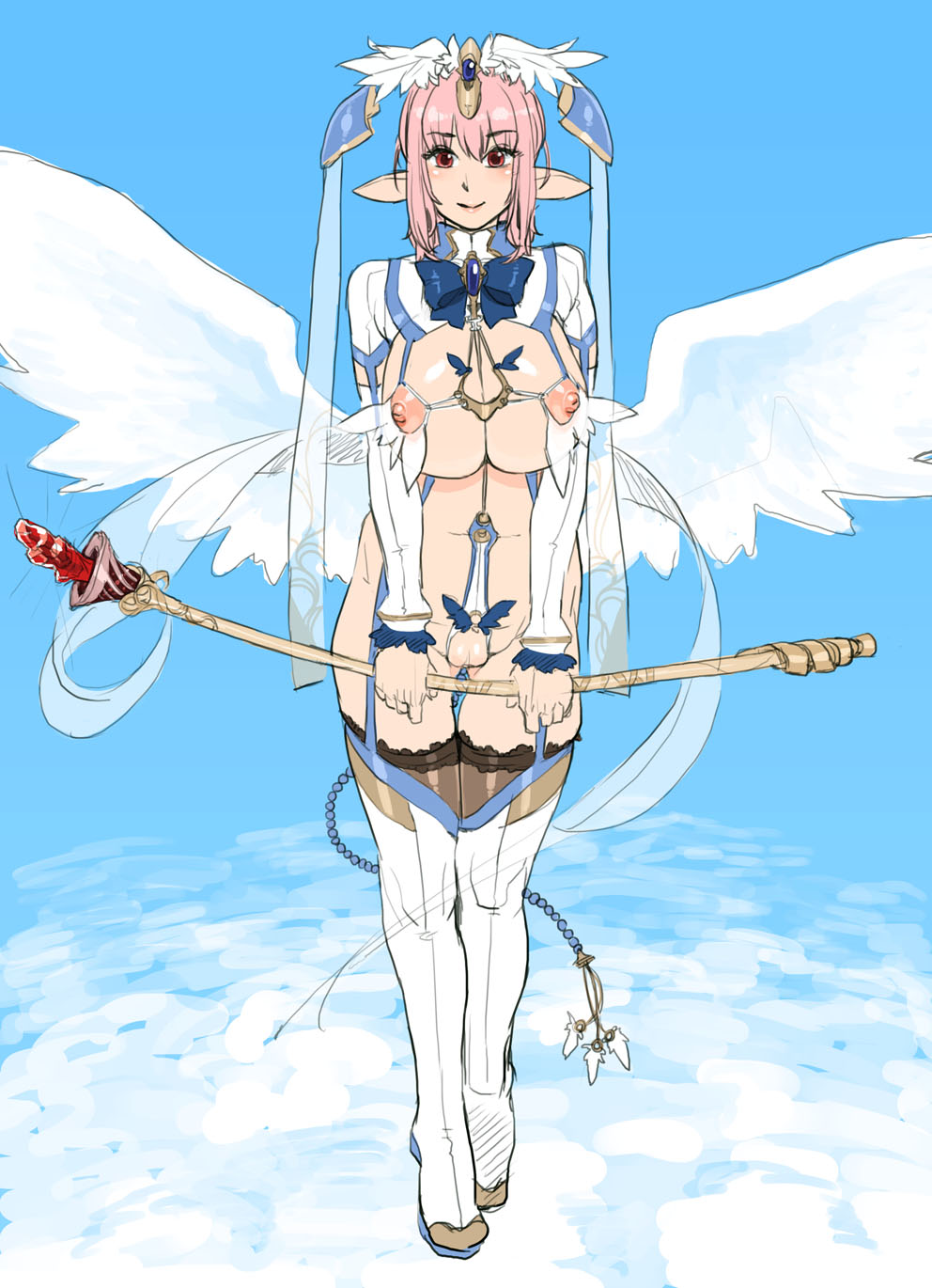 boots breasts day destiny_(ishida) elf headdress highres huge_breasts mama_(mama_hiro) nippleless_clothes nipples original pink_hair pointy_ears red_eyes revealing_clothes scepter sky solo staff thigh_boots thighhighs wings