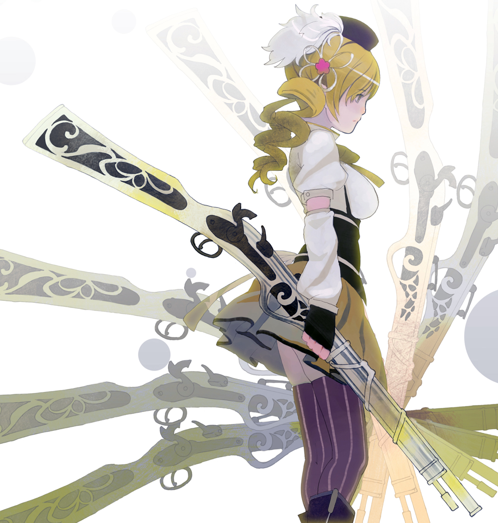 beret blonde_hair boots brown_legwear detached_sleeves drill_hair fingerless_gloves gloves gun hair_ornament hairpin hat knee_boots magical_girl magical_musket mahou_shoujo_madoka_magica moruga pleated_skirt profile puffy_sleeves ribbon rifle simple_background skirt solo striped striped_legwear thighhighs tomoe_mami twin_drills twintails vertical-striped_legwear vertical_stripes weapon white_background yellow_eyes zettai_ryouiki