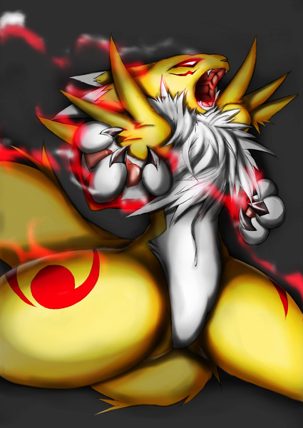 angry canine chest_tuft claws digimon elbow_gloves face_markings fangs fox gloves glowing_eyes markings navel open_mouth paws rage red_eyes renamon smoke tail teeth