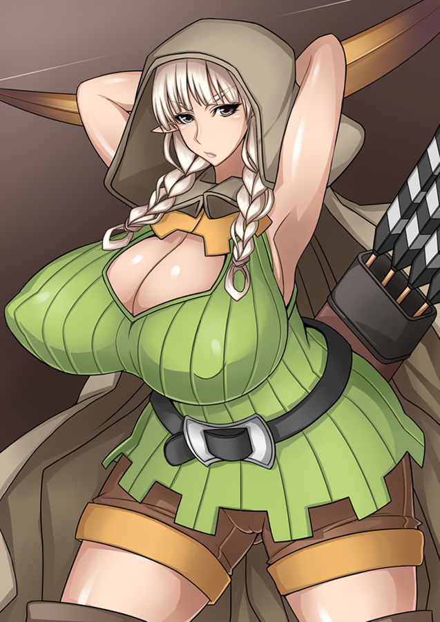 1girl alternate_breast_size arms_behind_head arrow arrows artist_request belt blonde_hair blush boots braid breasts brown_eyes cameltoe cape cleavage dragon's_crown dragon's_crown elf elf_(dragon's_crown) elf_(dragon's_crown) erect_nipples hips hood huge_breasts otogi_tetsurou pointy_ears shorts thigh_boots thighhighs twin_braids vanillaware wide_hips