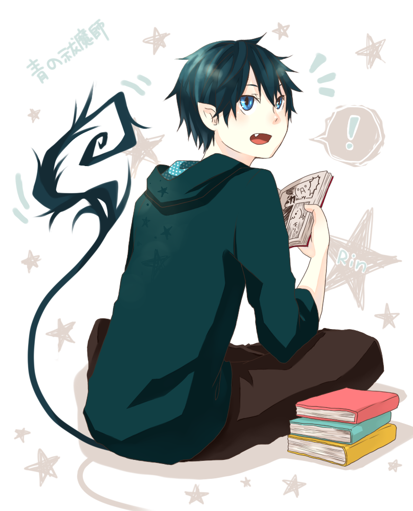 ao_no_exorcist bad_id bad_pixiv_id black_hair blue_eyes book hood hoodie male_focus manga_(object) okumura_rin pointy_ears solo tail