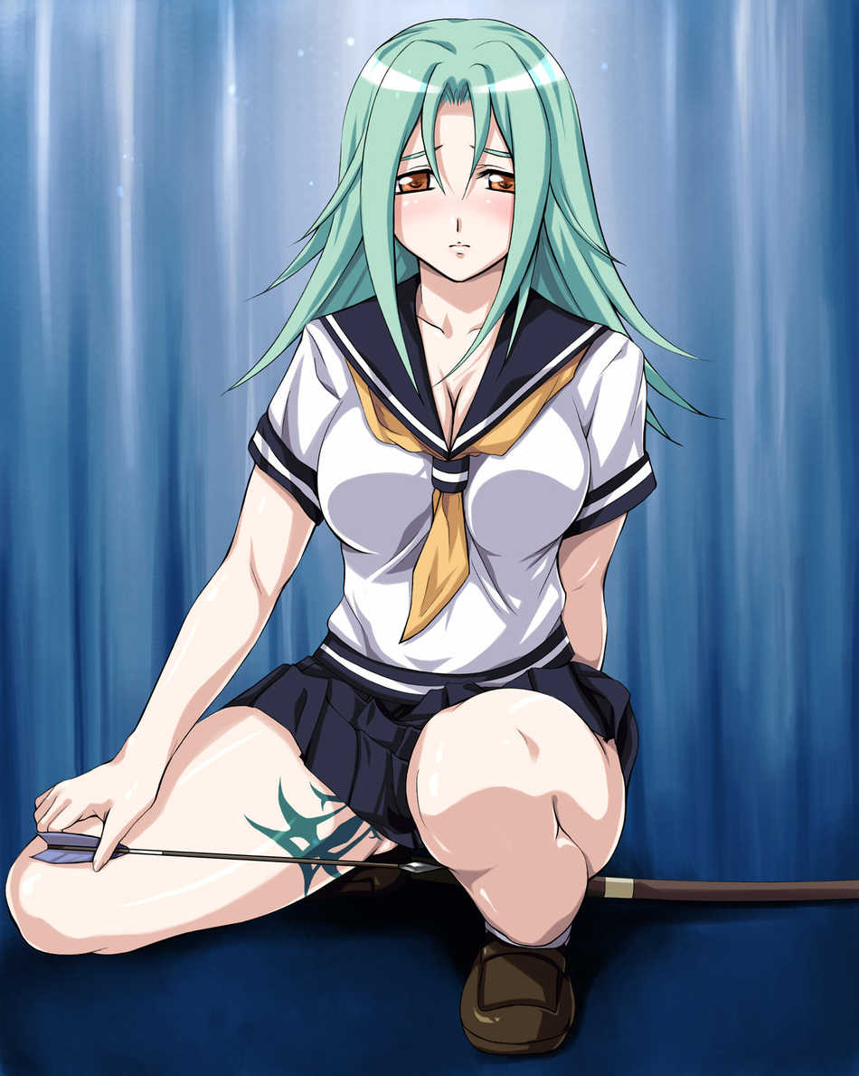aqua_hair arm_behind_back arrow bangs blue_background blush boukyaku_no_senritsu bow_(weapon) breasts cleavage embarrassed full_body hair_between_eyes hand_on_thigh jpeg_artifacts large_breasts loafers looking_at_viewer miniskirt necktie non-web_source orange_eyes parted_bangs pleated_skirt school_uniform serafuku shirt shoes skirt socks solo spread_legs squatting tattoo thick_thighs thighs toone_requiem weapon zundarepon
