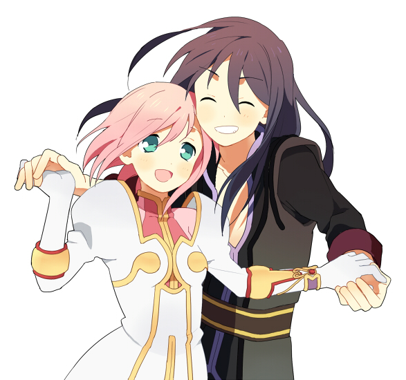 1girl bad_id bad_pixiv_id black_eyes closed_eyes couple estellise_sidos_heurassein gloves green_eyes grin happy hetero holding_hands long_hair open_mouth pink_hair shinonome short_hair smile tales_of_(series) tales_of_vesperia yuri_lowell