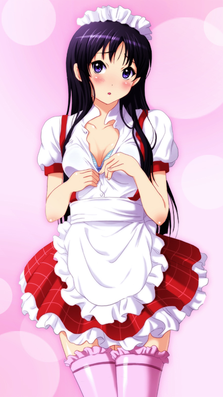 akiyama_mio bad_id bad_pixiv_id black_hair blue_eyes bra k-on! lingerie long_hair open_clothes open_shirt pink_legwear shian_(my_lonly_life.) shirt solo striped striped_bra thighhighs underwear waitress