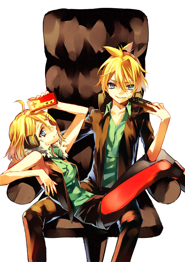 1girl alternate_costume blonde_hair brother_and_sister casual chair kagamine_len kagamine_rin pantyhose reclining red_legwear rimocon_(vocaloid) siblings sitting sitting_sideways tibino twins vocaloid