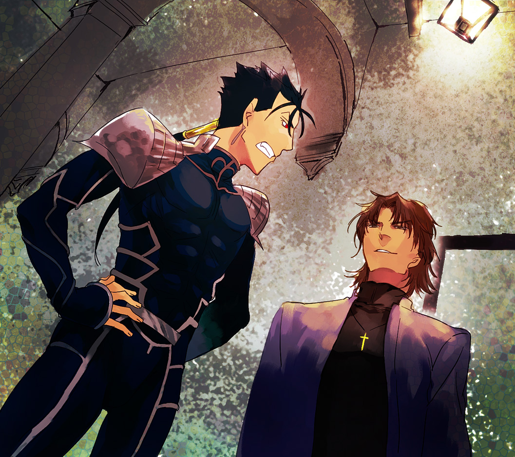 armor bad_id bad_pixiv_id blue_hair brown_eyes brown_hair cassock cross dutch_angle earrings fang fate/stay_night fate_(series) hali hands_on_hips jewelry kotomine_kirei lancer male_focus multiple_boys ponytail red_eyes shoulder_pads