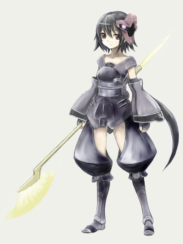 armor black_hair copyright_request musclecar polearm red_eyes short_hair solo weapon
