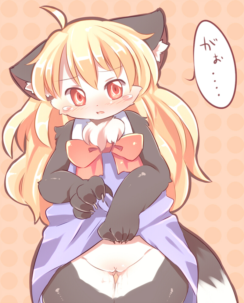 blush bow canine chest_tuft dress embarrassed exposed female fur gaoru hair japanese_text long_blonde_hair long_hair mammal mcdonnell-douglas pussy skirt skirt_lift solo standing text tuft wolf