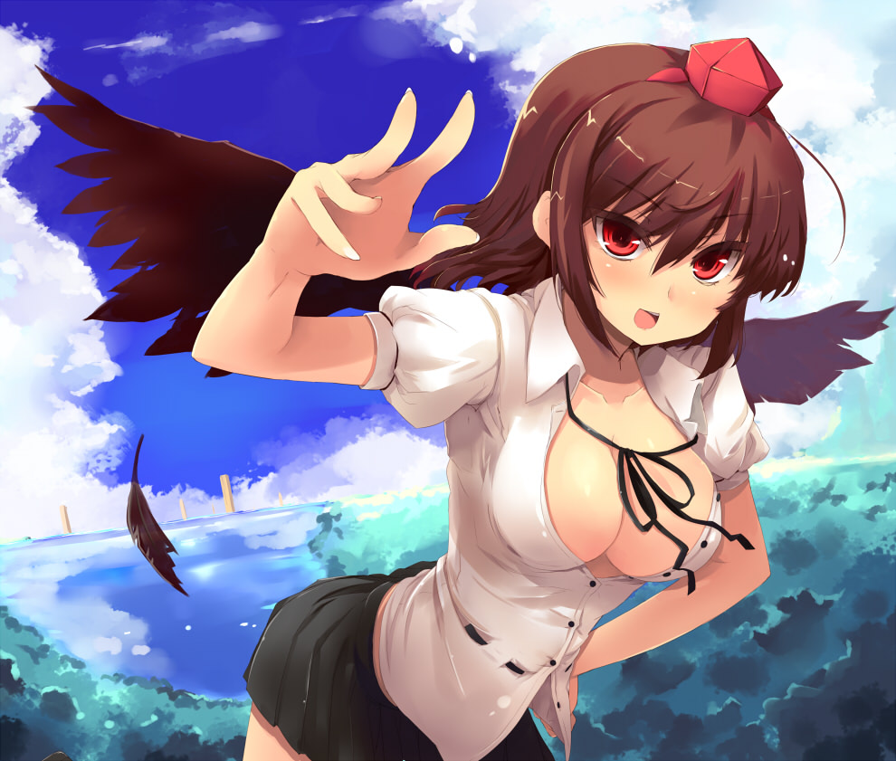 breasts brown_eyes cleavage collarbone dress_shirt feathers hat large_breasts looking_at_viewer no_bra open_mouth red_eyes shameimaru_aya shin_(new) shirt skirt solo tokin_hat touhou wings