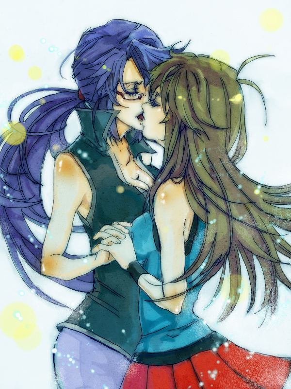 2girls arm arms artist_request blue_(pokemon) blue_hair breast_press breasts brown_hair cleavage closed_eyes elite_four eyes_closed female french_kiss glasses hand_holding interlocked_fingers kanna_(pokemon) kiss kissing large_breasts long_hair love multiple_girls pokemon pokemon_(game) pokemon_firered_and_leafgreen pokemon_rgby pokemon_special ponytail red-framed_glasses semi-rimless_glasses shirt skirt sleeveless sleeveless_shirt wristband yuri