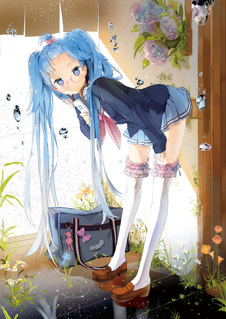 anmi bespectacled blue_eyes blue_hair cellphone flower frills glasses hatsune_miku headphones headphones_around_neck high_ponytail hydrangea leaning_forward loafers long_hair over-kneehighs phone pink-framed_eyewear rain school_uniform serafuku shoes skirt solo thighhighs twintails underwater very_long_hair vocaloid water_drop white_legwear