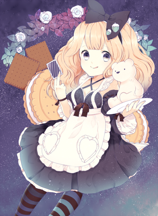 apron blonde bow cookie crackers dress flower hair_bow plate playing_cards purple_eyes rose stuffed_animal teddy_bear